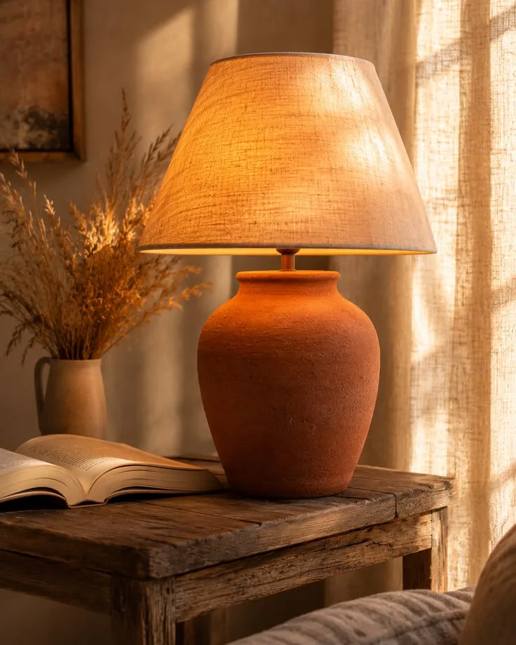 Lámpara Barro: base de terracota y pantalla de tela encendida sobre una mesa de madera